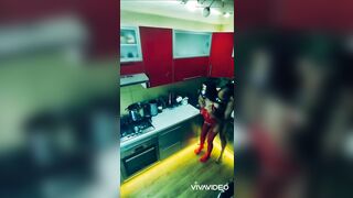 Charming slim wife in erotic bodysuit banged in the kitchen in all poses