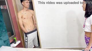 I like to masturbate with my stepsister's pants and this time this babe catches me doing it and wishes my weenie, HG