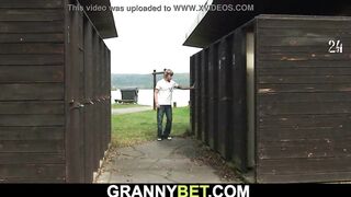 Blond granny rides stranger's weenie on public