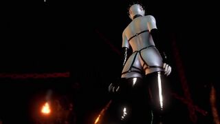 Gothic slavemaster Pinhead female in SADOMASOCHISM suit dancing solo in dungeon