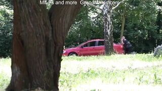 Old whore Vicky nearly caught screwing youthful Daniel outdoors