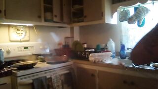 Lewd Housewife Cooking and Cleaning and Lifting Up Her Suit and Showing Off Belt (Cleavage Tease)