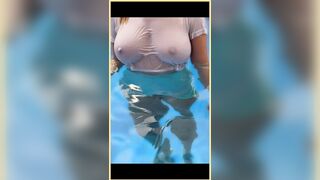 Wifey soaked shirt in the pool with flawless braless breasts