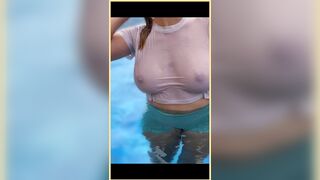 Wifey juicy shirt in the pool with consummate braless titties