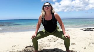 beauty doing yoga on the beach and urinated her panties Public