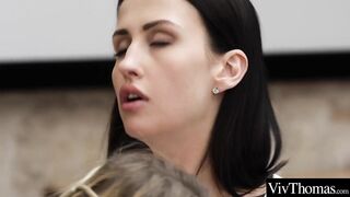 See breathtaking golden-haired boss dominate a cute lesbo brunette hair