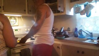 Step Mommy In The Kitchen Cooking and Giving a kiss On The Neighbour and Lifting Up Her Night Gown