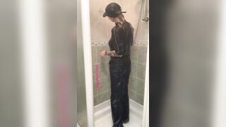 Soaking Moist Shower in Jeans, Cap & Trainers