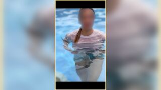Wifey juicy shirt in the pool with consummate braless breasts