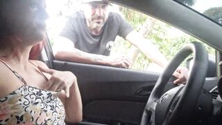 Wife goes in the car out of pants to ask strangers for information