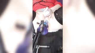 Machine powered sextoy overflows cunt.