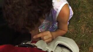Granny sucks a fat weenie then gets banged in the bushes