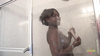 Addicted to cumming, black mother i'd like to fuck gets in the shower with her favourite vibrators