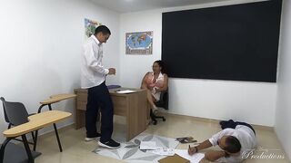 Dissolute Redhead Teacher Bangs 2 Favourable Students In Wild Schoolroom Trio