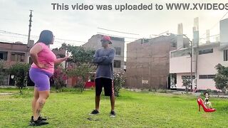 Obese mother I'd like to fuck does stretches outdoors, and cardio with her coach in her room