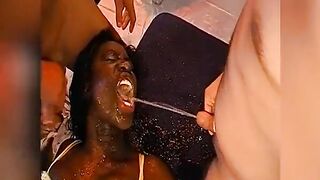 Ebony Doxy Takes Urinate and Cum From Multiple Dicks in Her Throat
