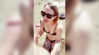 WIFE SUCKS PENIS ON THE BEACH - DES VU - POV outdoor public beach large rod blow job from sexy blond