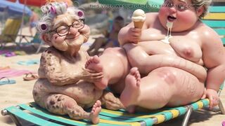Elderly Granny Passionately Sucking big beautiful woman Feet on the Beach