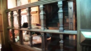 Masked large boobed wench in nylons rides a admirable rod on the stairs