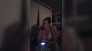 Filming my large tit girlfriend during the time that this babe's concupiscent playing episode games with her lengthy brunette
