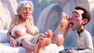 Giantess Old Granny Foot Serf Worship - Small Dude Licking Her Biggest Feet