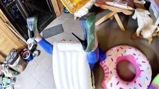 Slaver mother I'd like to fuck in Shiny Leather Panties and Glossy Downjacket. Oral-job, Cameltoe, Cum Play and Inflatable Destruction