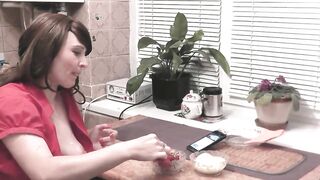 Hawt mother I'd like to fuck in kitchen wearing an erotic red shirt out of pants and brassiere eats banana, strawberries with cream, fingering juicy cunt cum climax Sex Porn