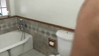 Kneeling brunette hair mother I'd like to fuck surrounded by five rods greedily sucks 'em all