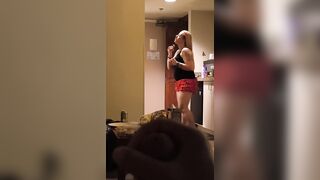 Wanking to golden-haired whore in mini petticoat in hotel