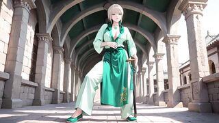 Green Robe Female-dominator! Kneeling in the Garden, Sipping Tea... Then This babe Draws Her Sword. Can U Handle This Dream?