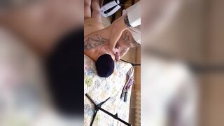 A doxy with nylons on her head received a portion of jizz