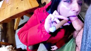 Cigar Fellatio and Ripped Hose - Vagina Massage and Cum on My Downjacket