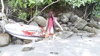 Hawt Monika Fox In Red Bodysuit On Beach Near Kayak