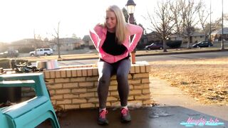 Public Urinate Joanna Meadows- NaughtyJoJo Widens Legs to Void Urine on Porch on Busy Street